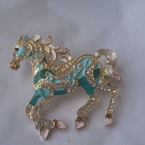 Horse Brooch Turquoise Green and Rhinestone